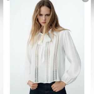 ZARA ROMANTIC LACE INSERT LANTERN SLEEVE TIE NECK BLOUSE
